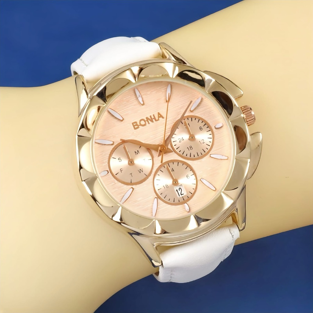CHRONO OFF JAM TANGAN WANITA FASHION BONIA TALI KULIT FREE BOX MERK