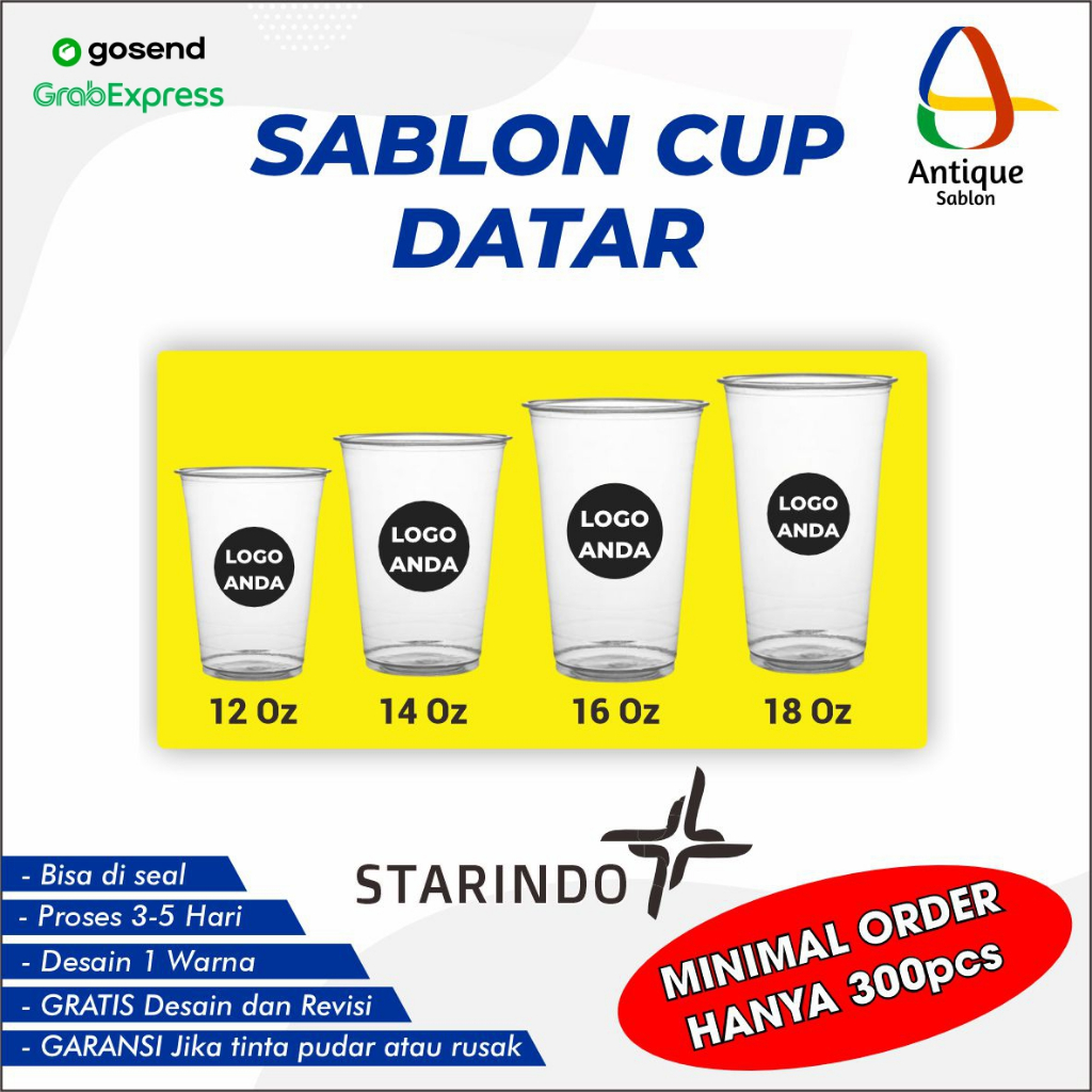 (KURIR SAMEDAY) Sablon Cup Datar STARINDO Gelas Packaging Plastik PP Custom 12 Oz, 14 Oz, 16 Oz, 18 