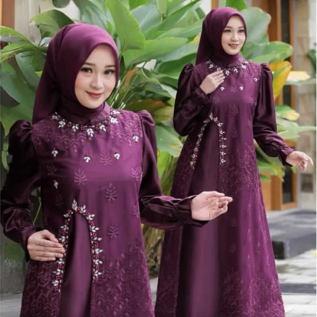 Gamis kondangan simple elegan warna burgundy manda dress lebaran remaja dewasa velvet mix burkat