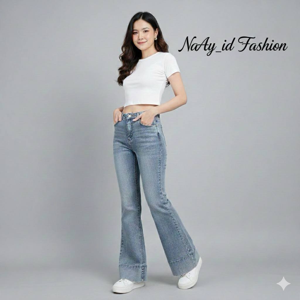 HighWaist Cutbray Jeans Celana Flare Panjang Stretch Wanita Retro Vintage Lipat Bawah