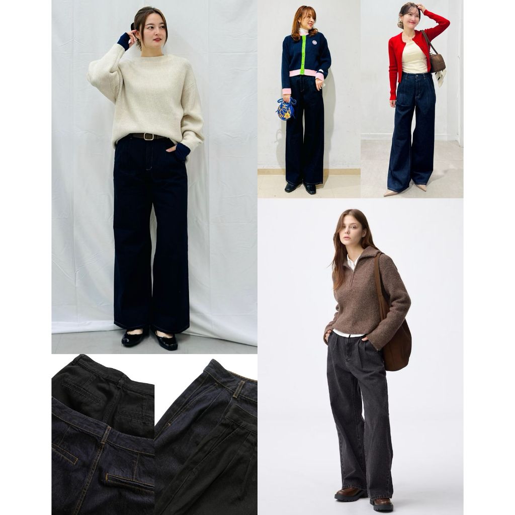 Celana Kulot Denim Wanita Wide-Leg Stylish | Women's Denim Pleated Trousers - GU-9517