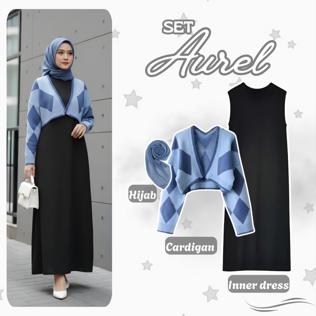 Setelan Hijab 3 in 1 Simple Modern | Cardigan Abstrak Diamond Biru Rajut Premium + Long Dress Inner 