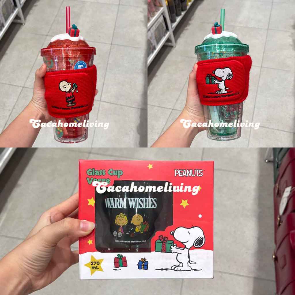 Miniso x Peanuts - Botol Minum With Straw / Glass Cup / Gelas Kaca / Tumbler Glitter Snoopy Christma