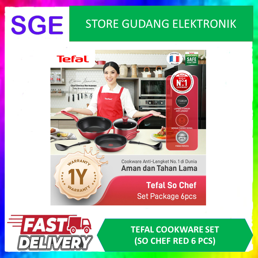 Tefal Cookware Set Induksi Wajan Anti Lengket - So Chef Red 6 pcs