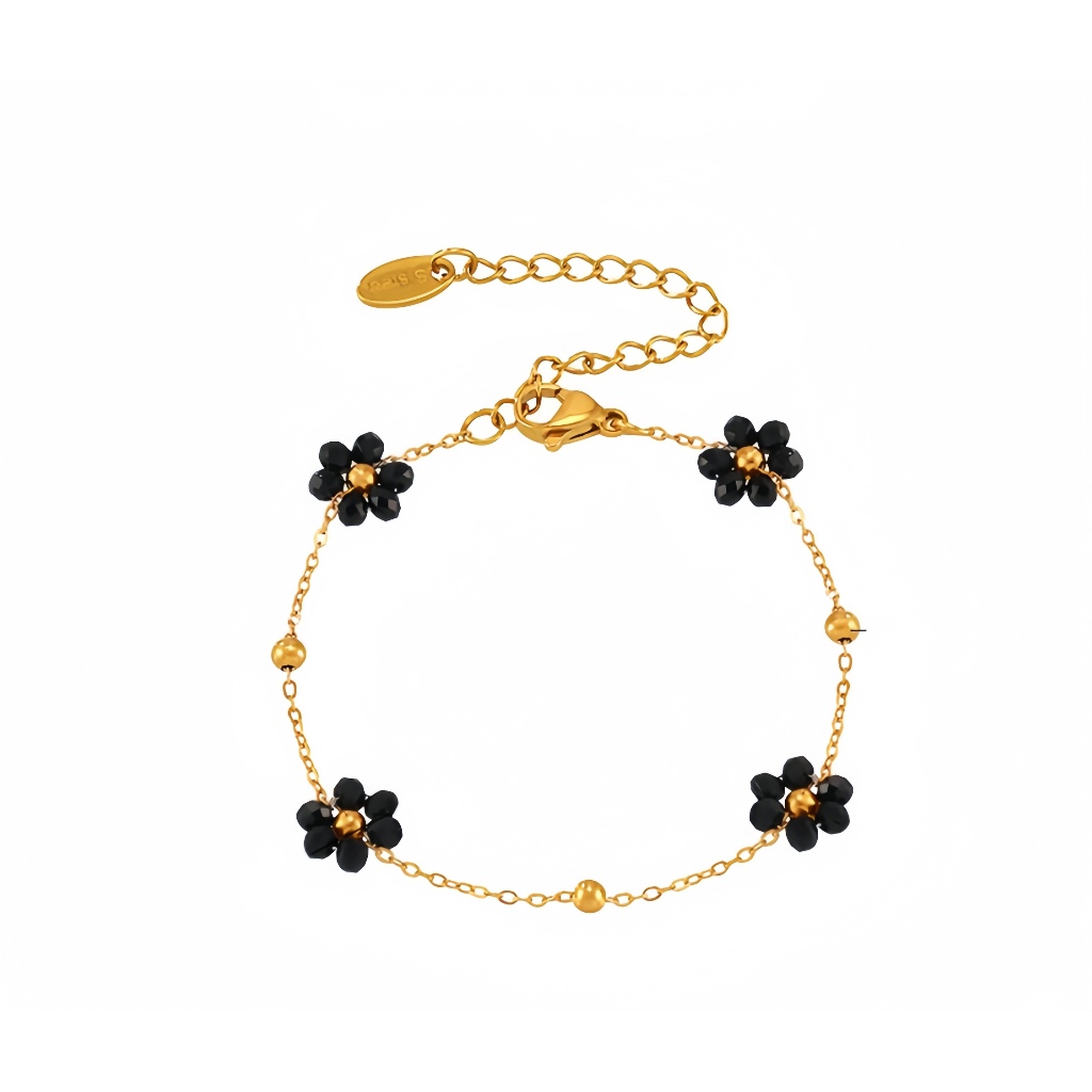 Gelang Bunga Hitam Berlapis Emas 18K untuk Wanita Gelang Rantai Tautan Bunga Batu Alam