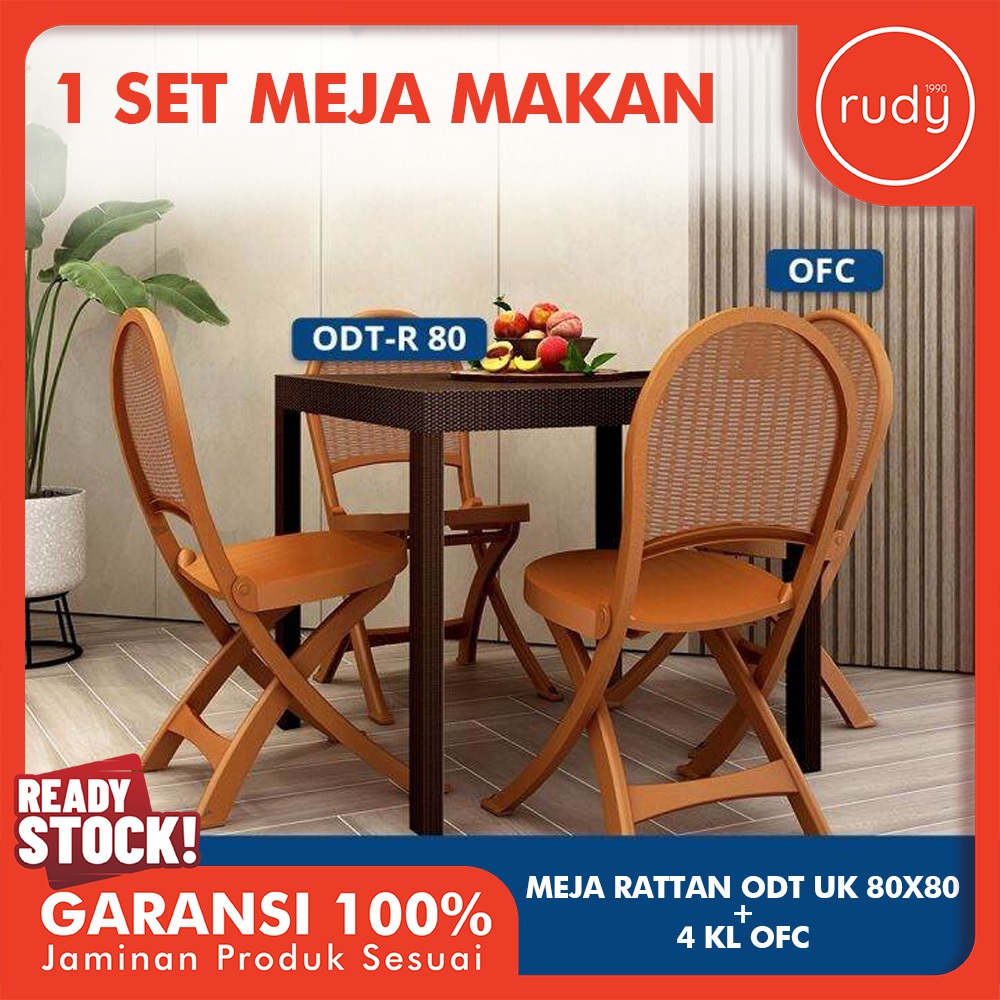 1 Set Meja Makan Plastik Rotan ODT UK 80x80+4 KL OFC / Meja Makan Olymplast / Kursi Plastik Rotan
