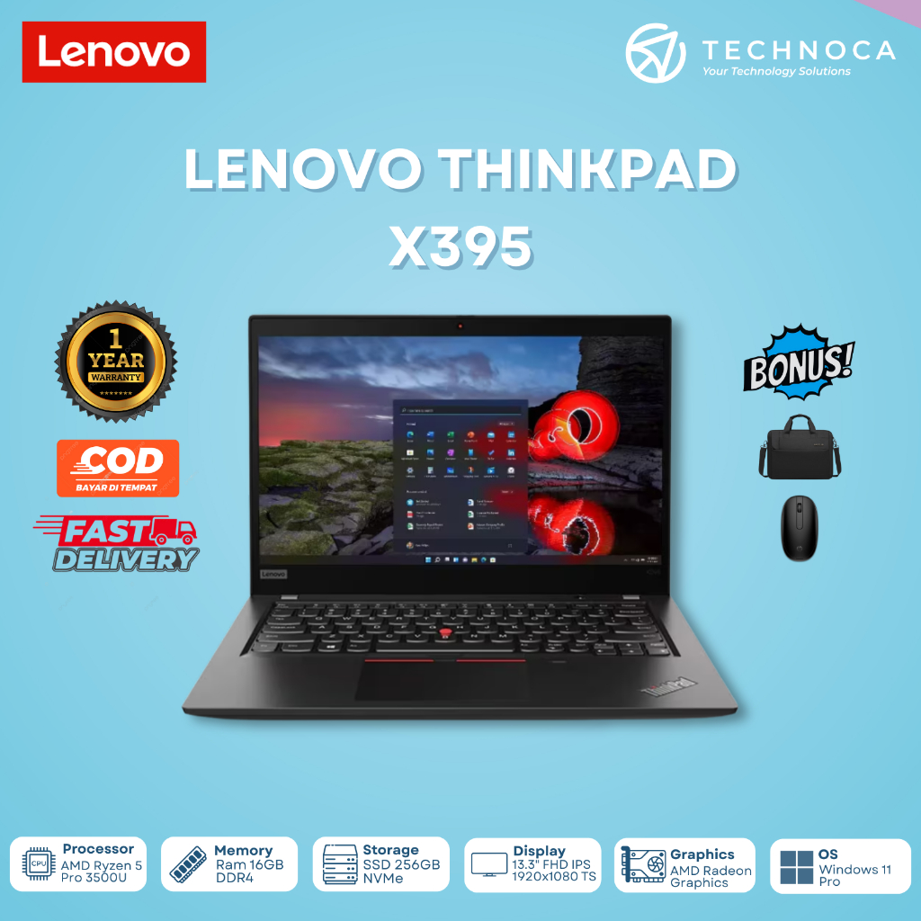 LAPTOP LENOVO THINKPAD X395 RYZEN 5 3500U RAM 16GB SSD 256GB TOUCHSCREEN GARANSI 1 TAHUN