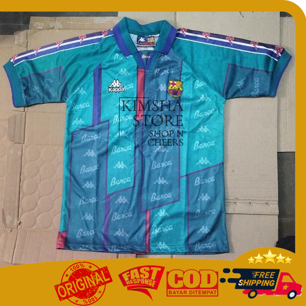 Kaos Jersey Barcelona F.C.B Kappa 1996 1997 Away Retro Klasik Vintage Football Soccer Shirt Pakaian 