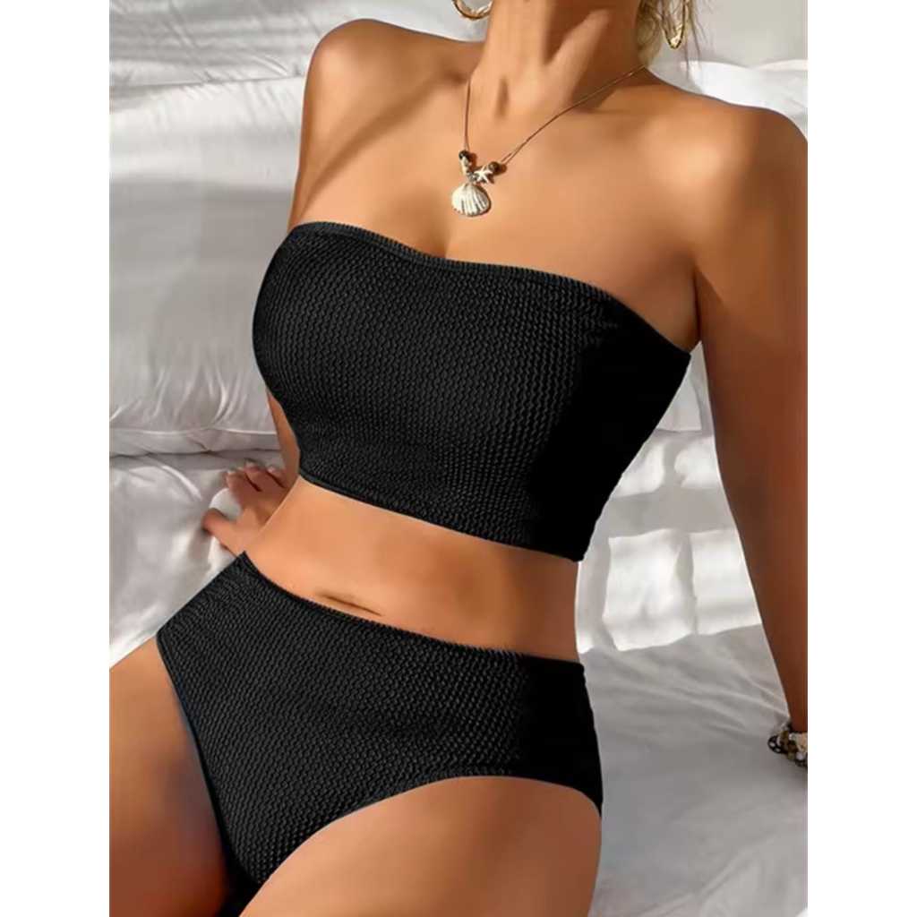 READY STOCK SAF - ANGEL BLACK bikini set 2 pcs woman premium / tube crop top + panty bikini set / ko