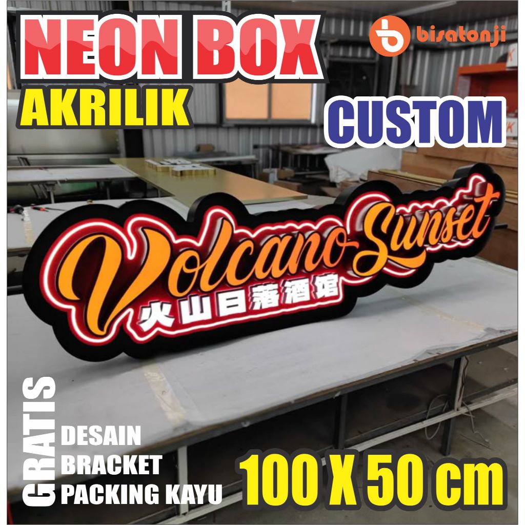 NEON BOX FULL AKRILIK SATU SISI CUTTING POLA FRAMELESS UKURAN 100cm x 50cm CUSTOM DESIGN FREE PACKIN