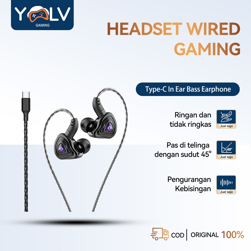 YLV Headset Wired Gaming Music 3.5mm Type C In Ear Bass Earphone for Samsung Xiaomi OPPO Vivo PC