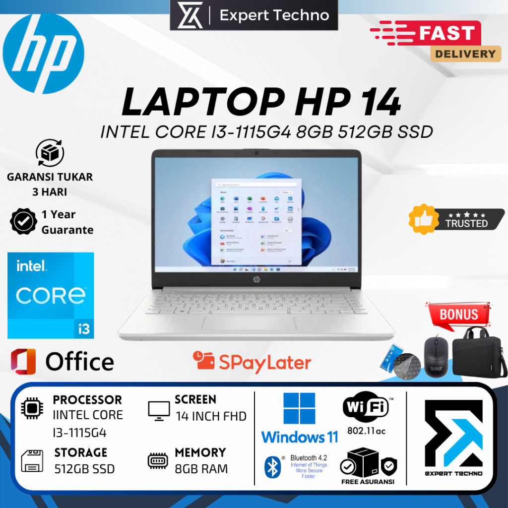 Laptop Hp 14 Intel Core I3-1115G4 - 8GB RAM 512GB SSD 14 INCH Windows 11 - DQ2614TU 240 G8 250 G8