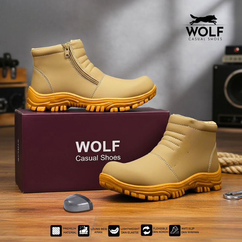 Sepatu Safety Pria Boots Ujung Besi - Safety Shoes Slip On Premium Sepatu Boots Pria Outdoor Adventu