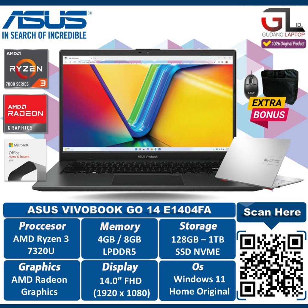 Laptop Terbaru Asus Vivobook GO 14 E1404FA RAM 8GB 512GB SSD 14.0FHD Windows 11 Home Original