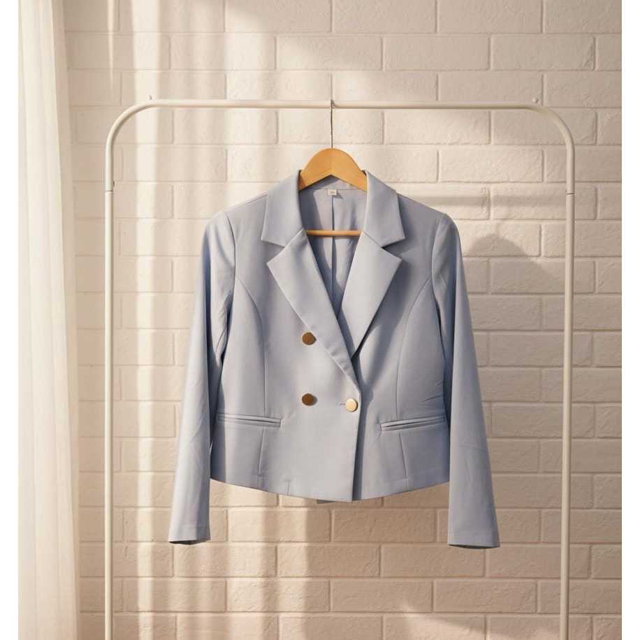 Blazer Biru Muda Crop Double Breasted Kancing Emas | Outer Formal Lengan Panjang Slim Fit Premium.