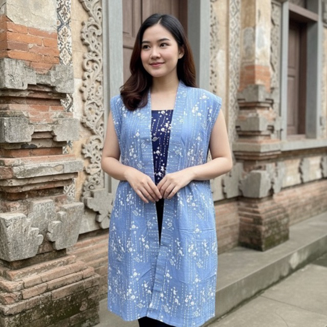 KLEWER Long Vest Batik Tanpa Kancing | Outer Panjang Wanita Lengan Pendek | Kardigan Batik Casual Du