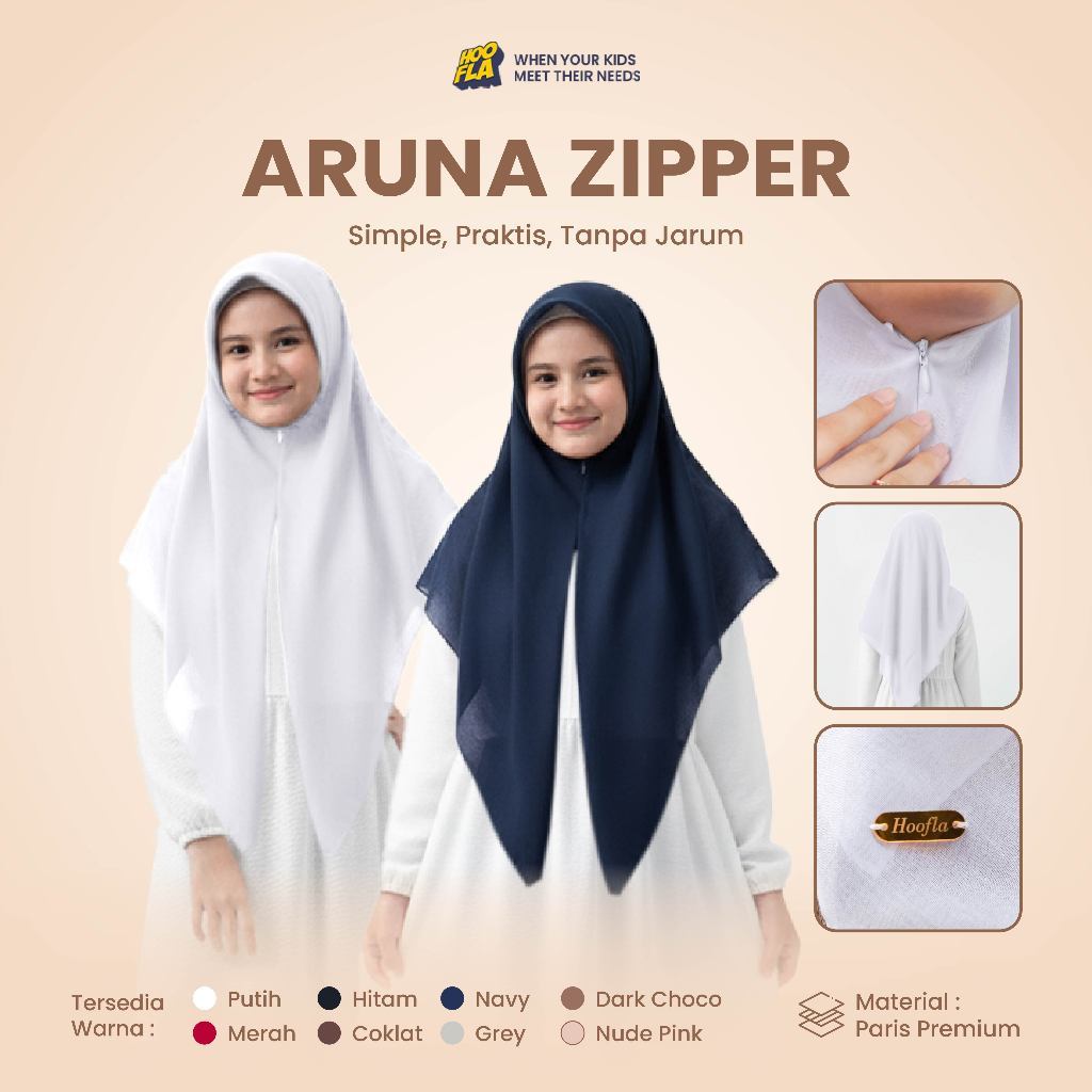 Hoofla Kerudung Instan Segitiga Anak Bahan Paris Premium Aruna ZIpper Paris