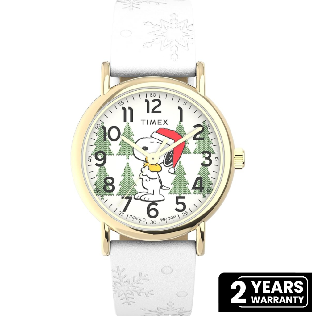 Jam Tangan Wanita Timex X Peanuts Holiday Weekender White Dial Leather Strap TW2W24100NN Original