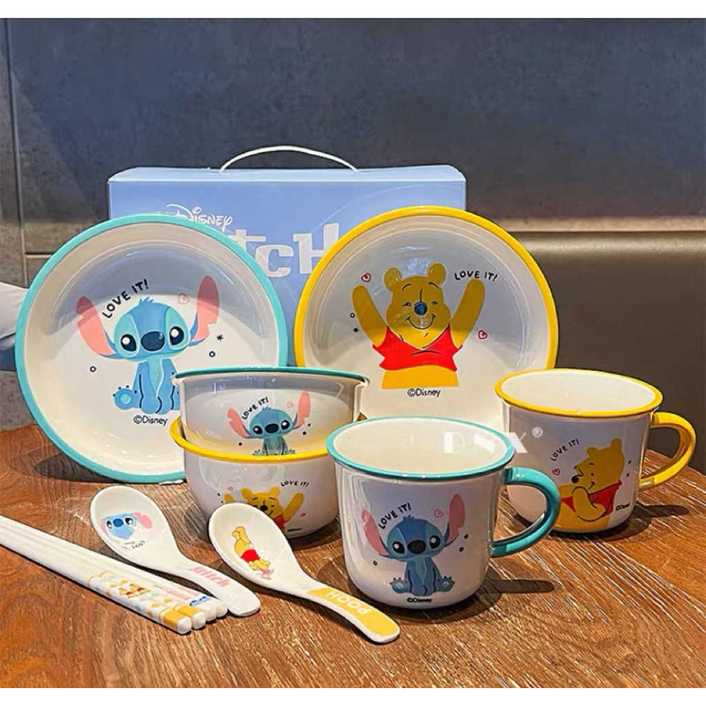 Gift Box Set Alat Makan Piring Mangkok Gelas Sendok Sumpit Keramik Disney Stitch Winne The Pooh