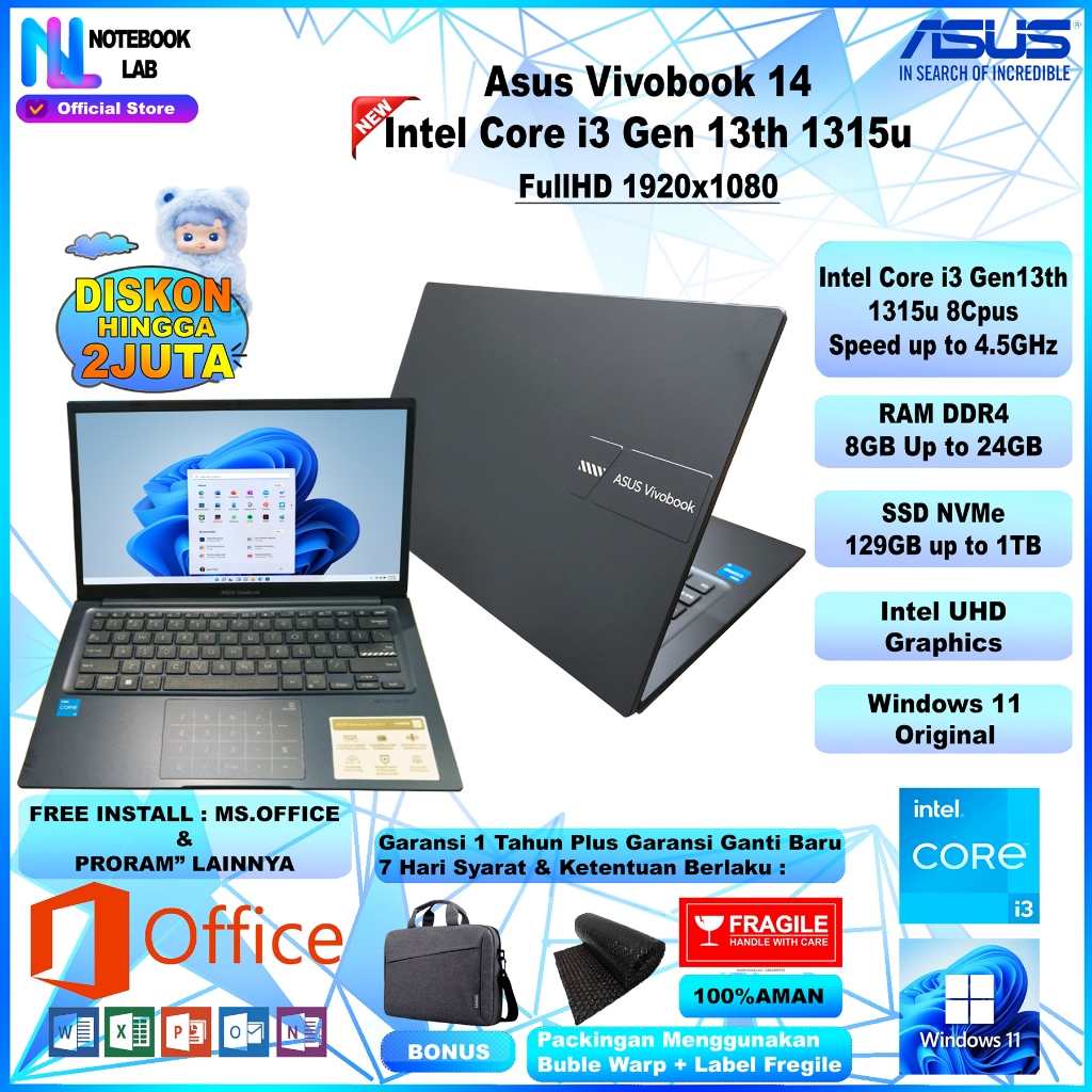 Laptop Asus Vivobook 14 Core i7 1355u | Core i5 1334u | Core i3 1315u | 24GB 1TB FullHD Win 11 Ori