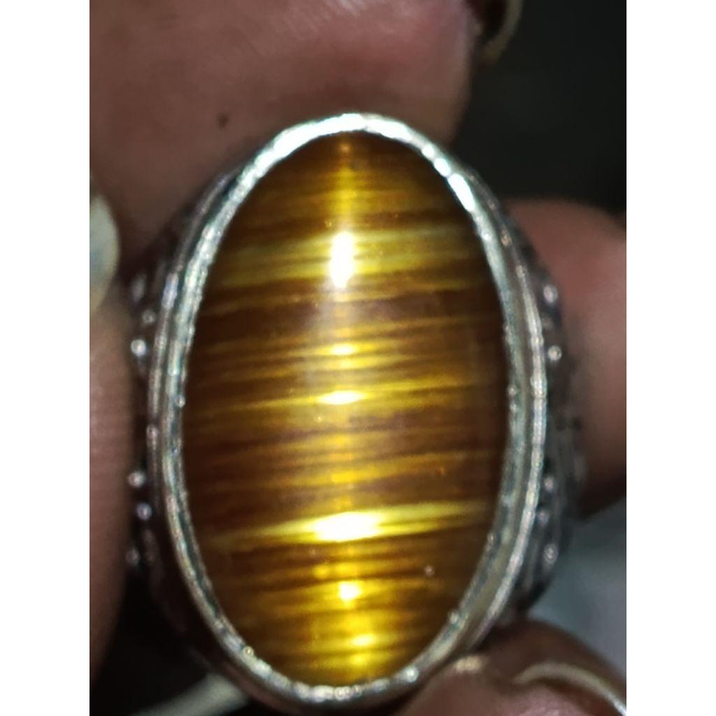 batu akik rambut Cendana kuning mas mata kucing super mewah ikat alpaka krum no 9