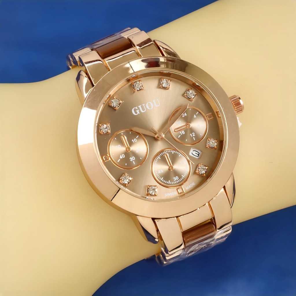 Jam Tangan Wanita GUOU Rantai Tanggal Aktif Fre Box Ori Va1242