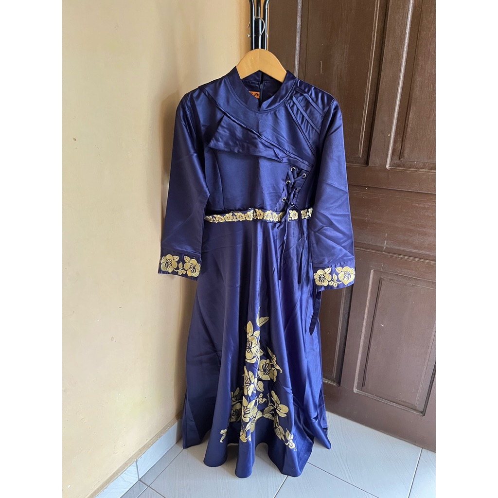 dress pesta navy satin premium tebal bordir kondangan baju atasan wanita murah cantik