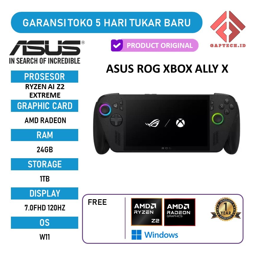 ASUS ROG XBOX ALLY X RYZEN AI Z2 EXTREME 24GB 1TB W11 7.0FHD 120HZ 100SRGB BLK