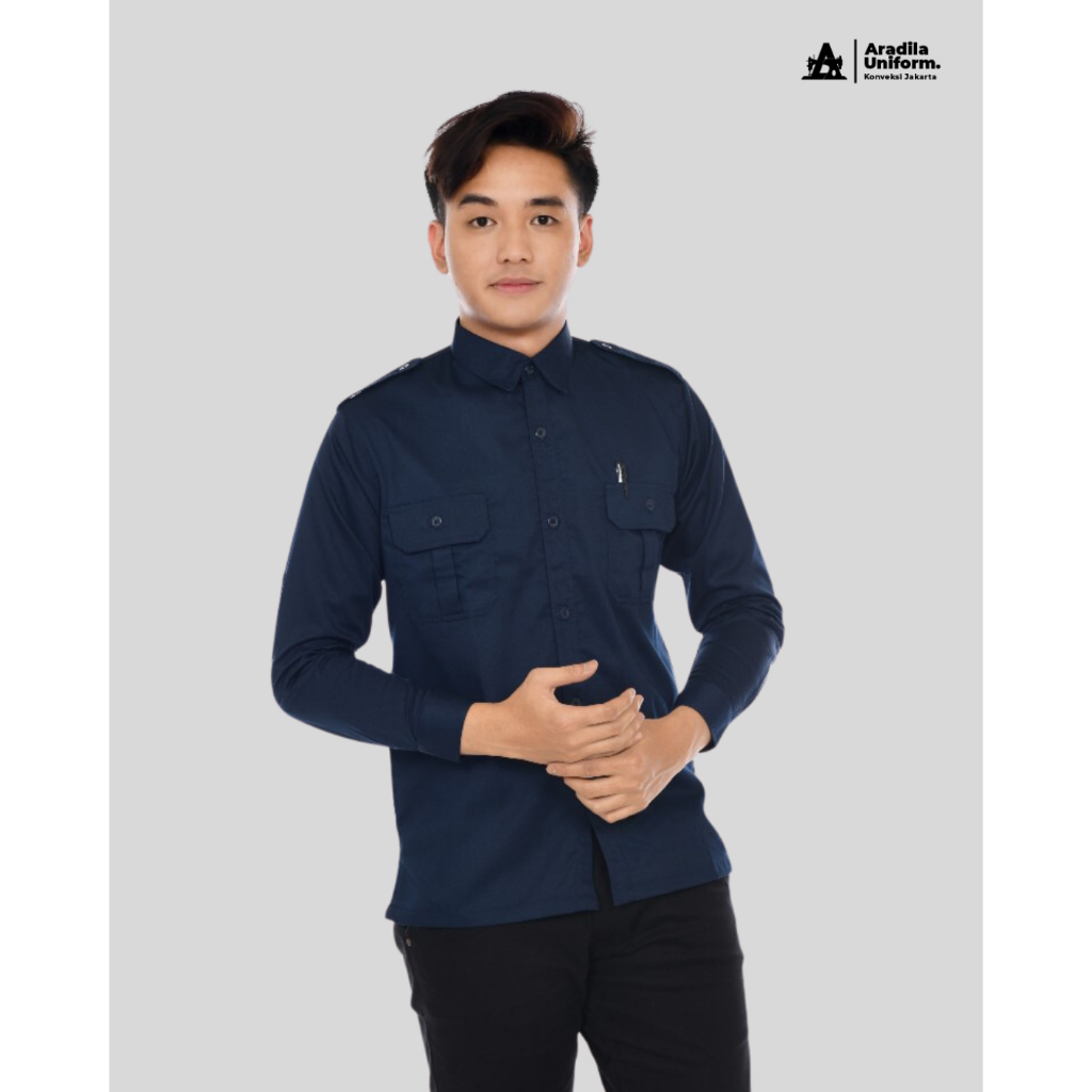 ARADILAUNIFORM Seragam PDL Biru Dongker Navy Pria Lengan Panjang/Baju Dinas ASN PDL/Kemeja Kantor PD