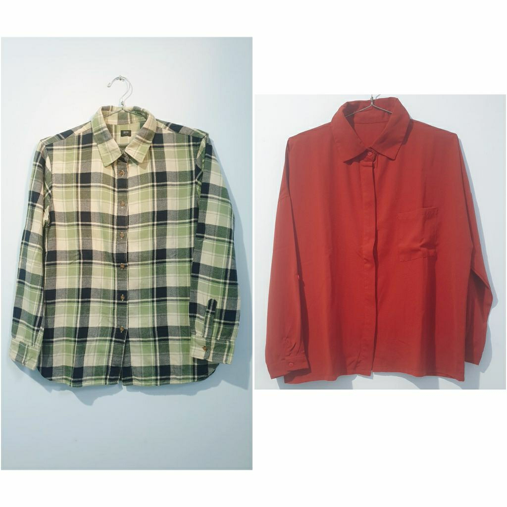 Kemeja Uniqlo Kemeja Flanel Kemeja Polos Lengan Panjang Wanita (preloved) Kemeja Oversize Kemeja Ter