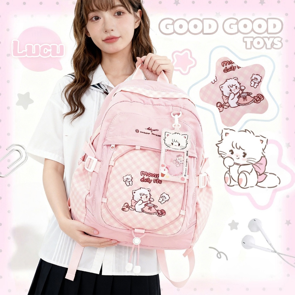 [COD] Kucing Pink Lucu Backpack Wanita Remaja Tas Ransel Mini Wanita Kanvas Tahan Air Tas Sekolah An