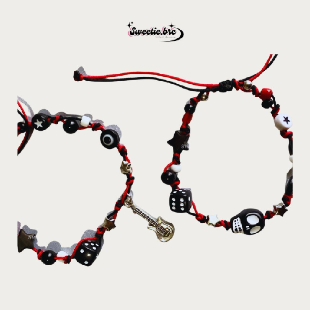 Red Skull Black Bracelet | Beads Bracelet | Gelang Merah Hitam Rock Guitar| Gelang Skena Rock skull