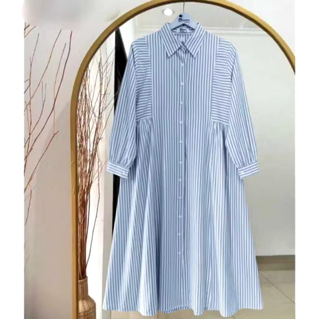 TUNIK GARIS SALUR FULL KANCING DRESS SALUR WANITA DEWASA BAJU ATASAN WANITA MUSLIM