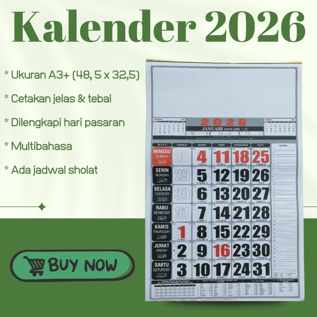 Kalender Dinding Tahun 2026 Tanggalan tahun 2026 Lengkap hari pasaran ukuran A3+