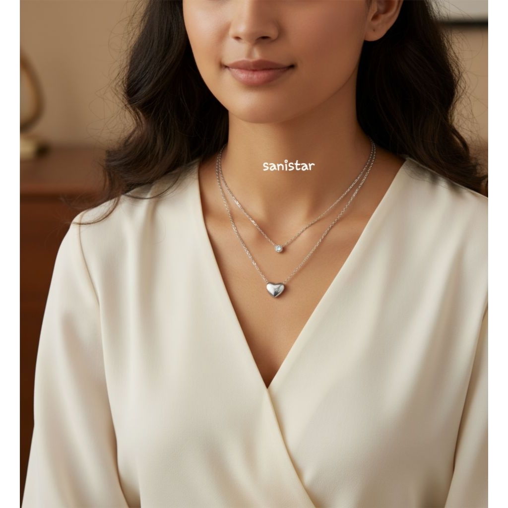 Kalung Titanium Wanita Rantai Dua Layer Liontin Love Permata Stainless Steel Anti Karat