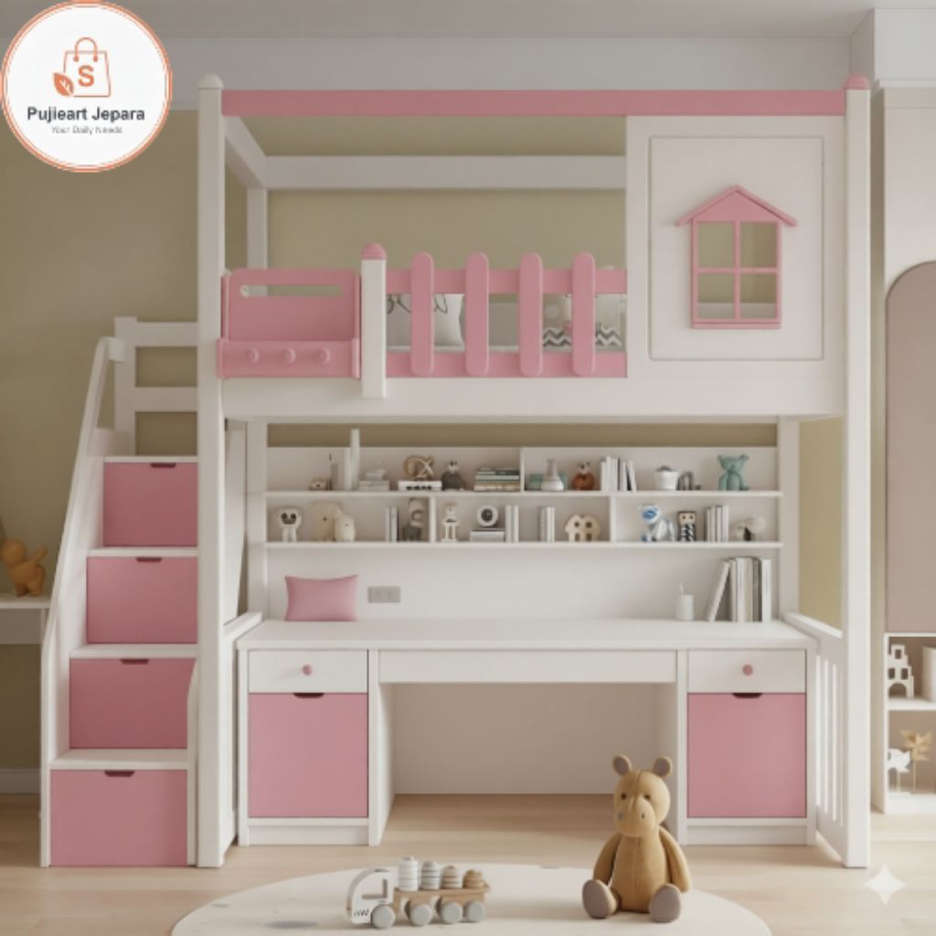 Bunk bed meja belajar kayu solid , tempat tidur anak tingkat unisex cowok cewek