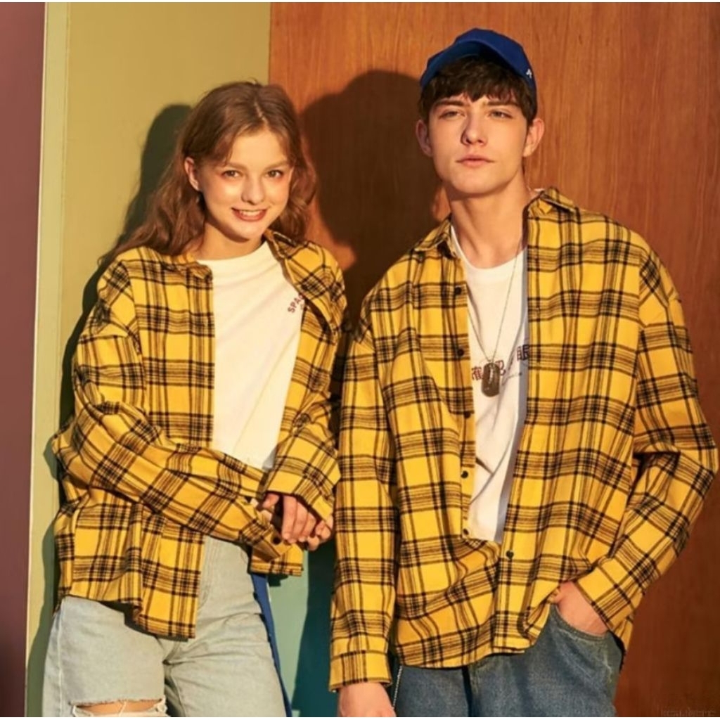 Kemeja Kotak Kotak Wanita Lengan Panjang Oversized Warna Kuning
