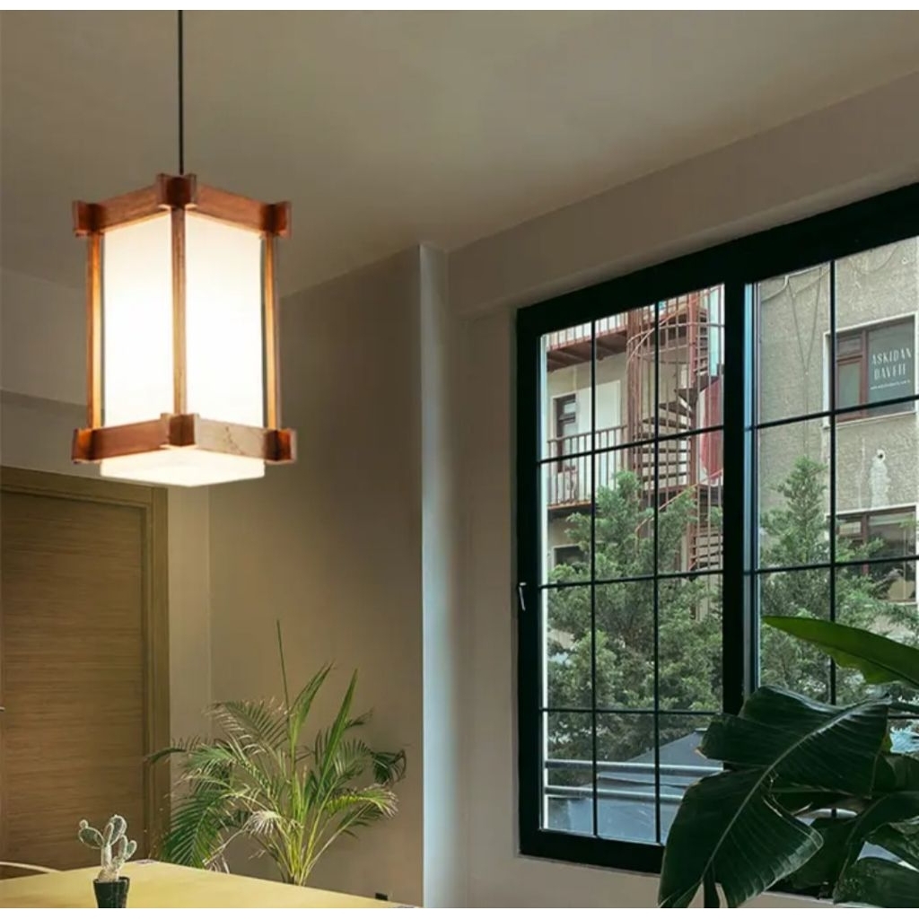 Lampu Gantung Kayu Jati Cafe Model jepang - walnut brown, kabel hitam