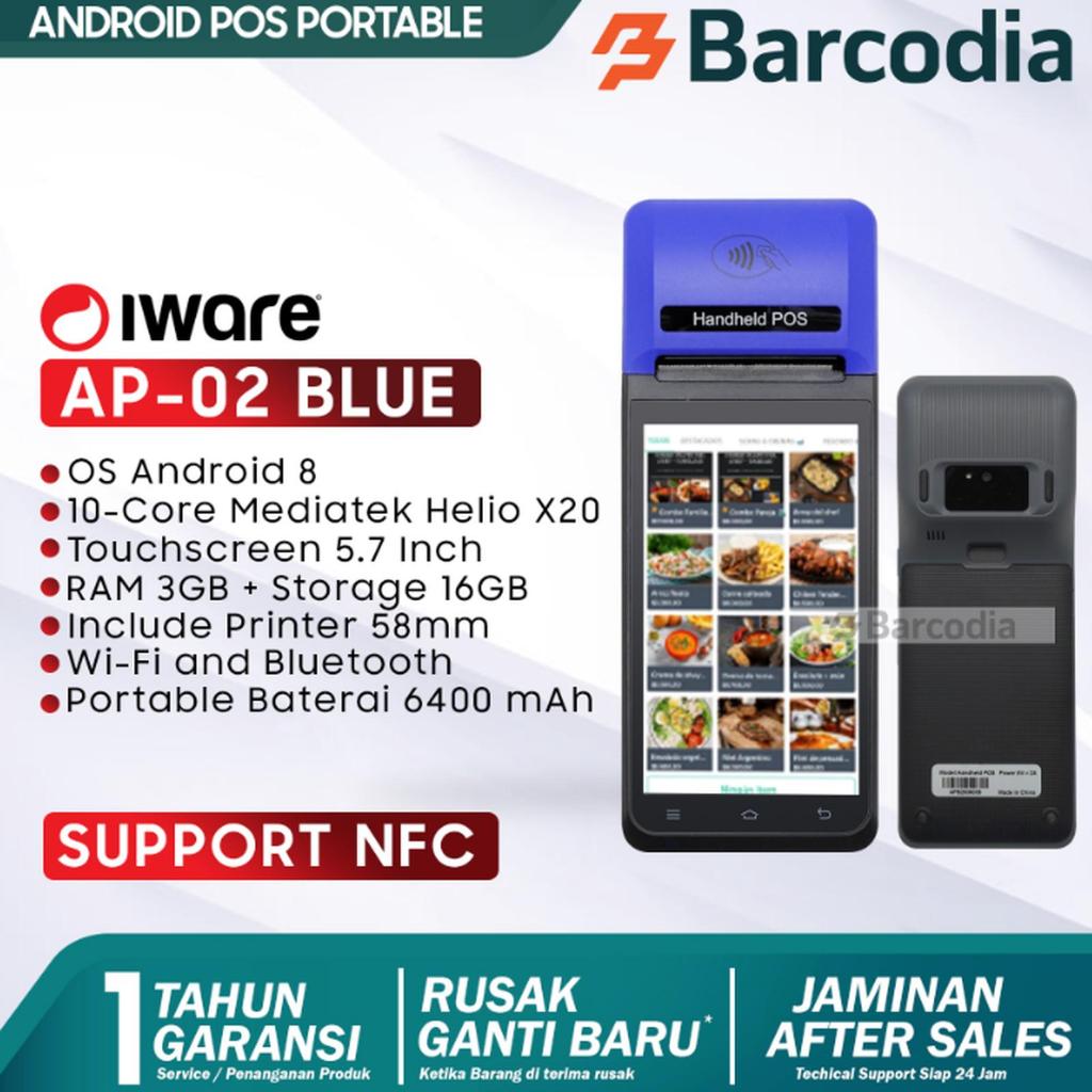 BARCODIA Mesin Kasir Pos Android Mobile Paper 58mm Iware AP-02 BLUE 3GB/16GB NFC