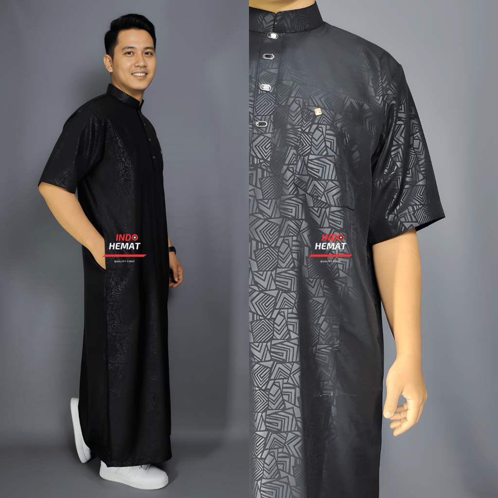 Jubah Gamis Pria Dewasa Lengan Pendek Embos Motif Timbul Katun Premium
