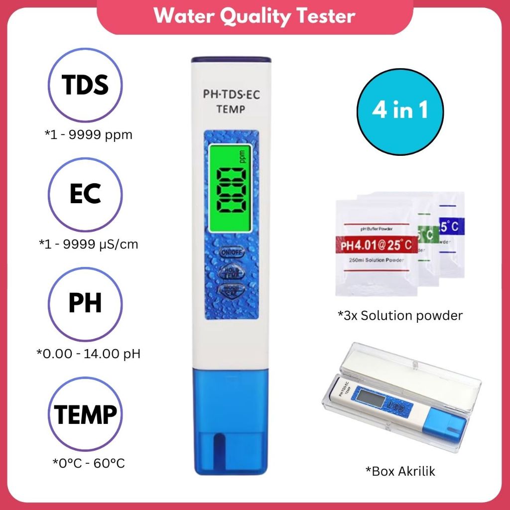 Alat Ukur Kualitas Air 4 in 1 Water Quality Mater PH Meter Pengukur TDS Air Minum Suhu dan Akurasi T