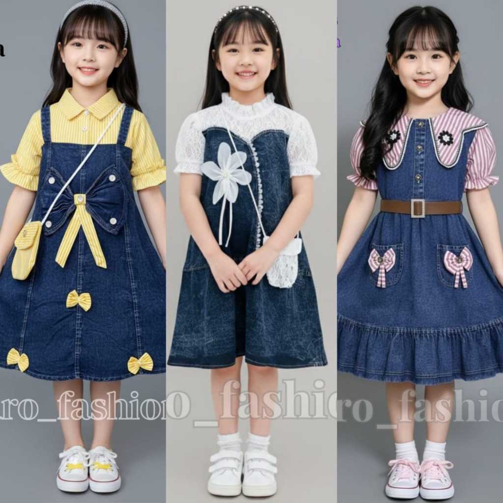 Dress Jeans Impor Midi Dress Mewah Lengan Pendek Balon Dress Anak Perempuan Free Tas Usia 3-10 Tahun