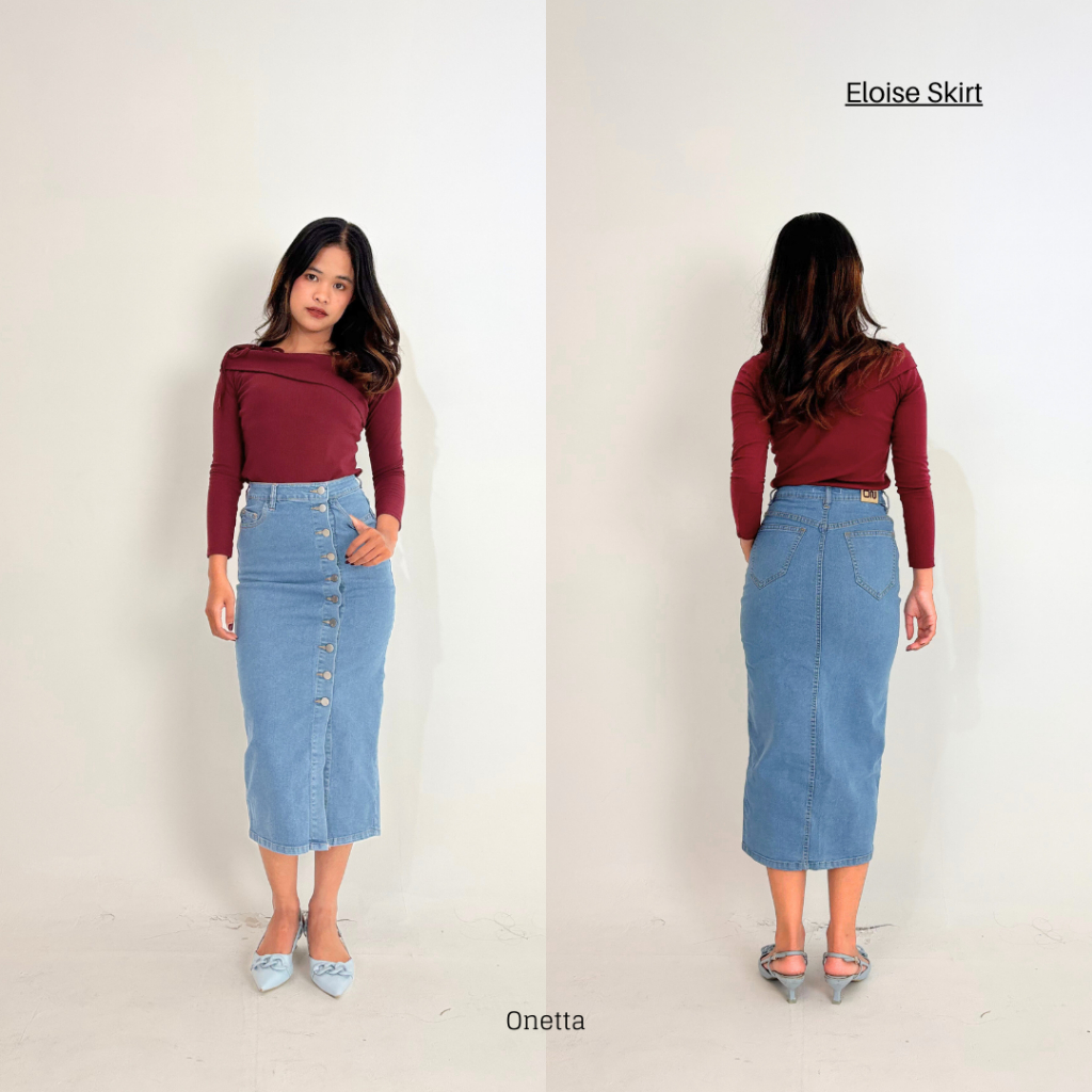 Onetta - Rok Jeans Panjang Span Belah Depan ELOISE AQUA