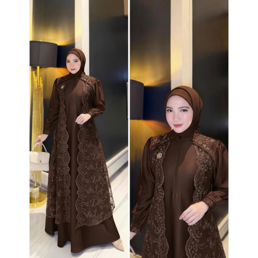 Gamis Lebaran Wanita Remaja Terbaru 2025 Bahan Satin Mix Brokat Busui Friendly Simple Elegant