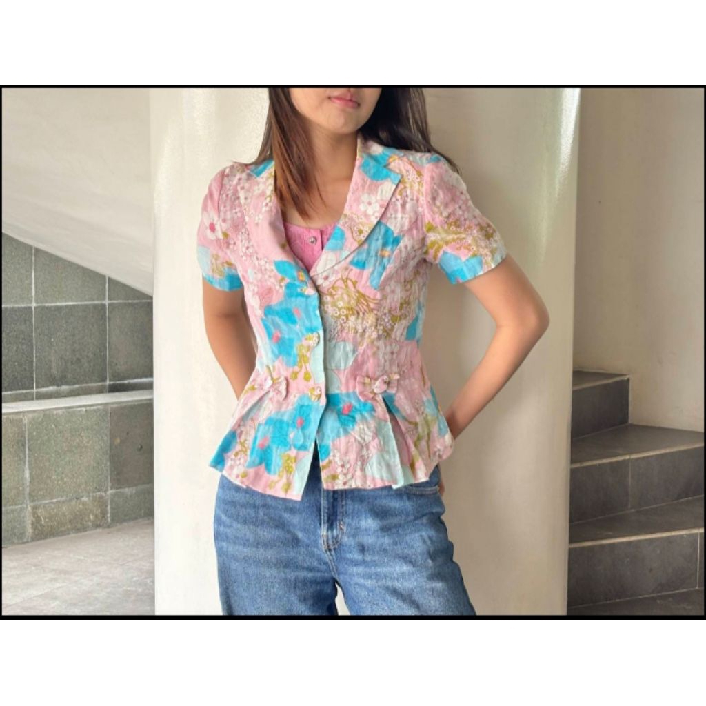 Blazer wanita motif bunga outer floral korea lengan panjang casual stylish elegan fashion cewek keki