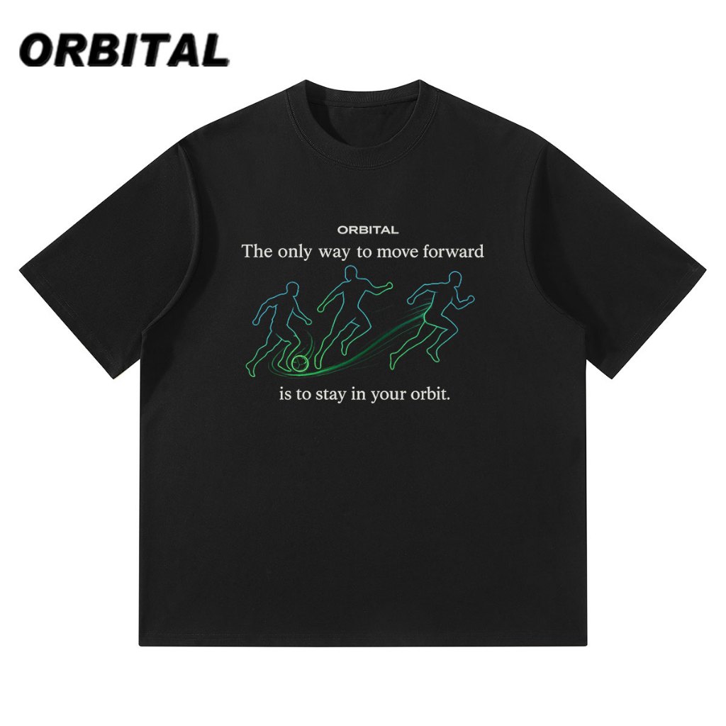 ORBITAL Kaos Sport Graphic Hitam 230GSM — Running Line Art Oversize Unisex