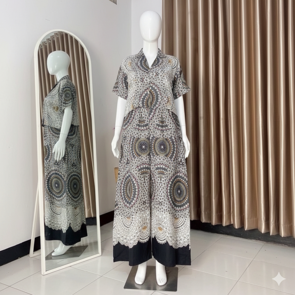 One Set Crop Kulot Motif Etnik Viral | Setelan Rayon Premium Korean Style | Atasan Kerah Lengan Pend