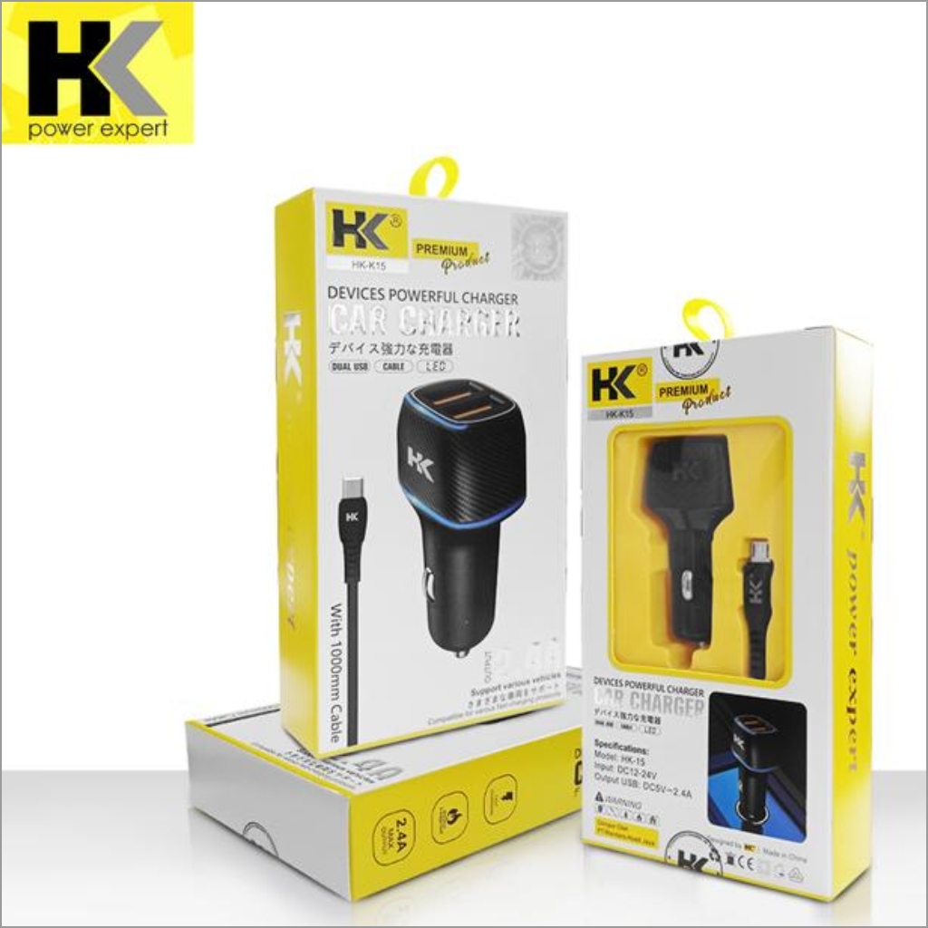 HK-K15 Car Charger Fast Charging HK K15 2 USB 2.4A With Kabel Micro Charger Mobil Saver Mobil