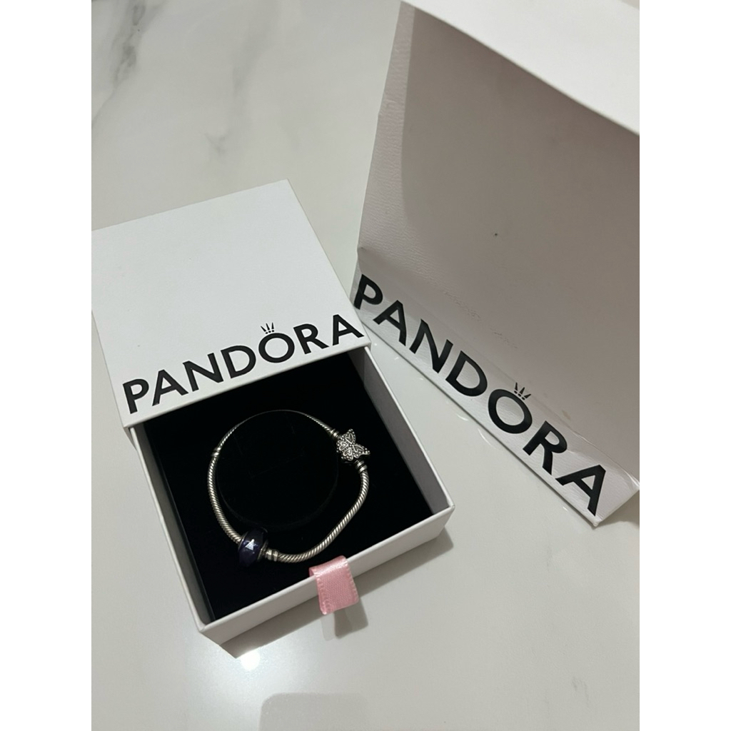 Preloved Pandora Bracelet ORI (Pandora Moments Butterfly Clasp Snake Chain Bracelet+Faceted Blue Mur