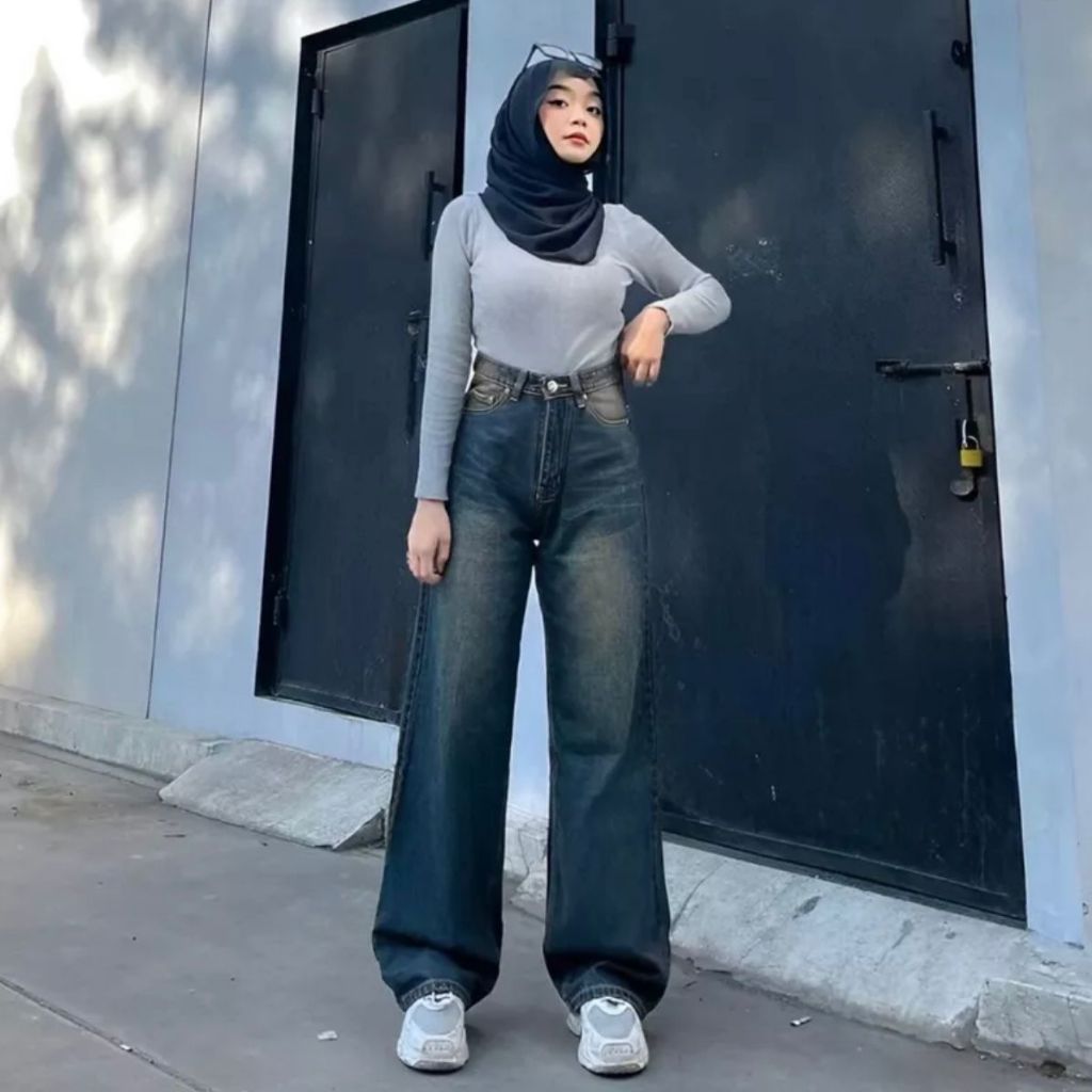 Celana Jeans Wide Leg Wisker Lebar Gombrang//Celana Wisker Gombrang